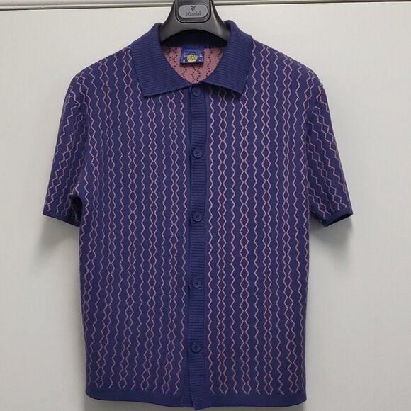 Coney Island Picnic Mens Sweater Medium Button Up Short Sleeve Purple Pink - Picture 1 of 14